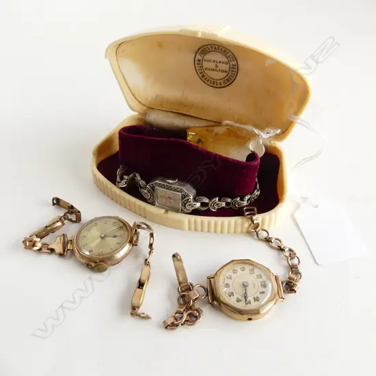 3 VINTAGE LADIES WATCHES INCL MARCASITE IN BAKELITE BOX 