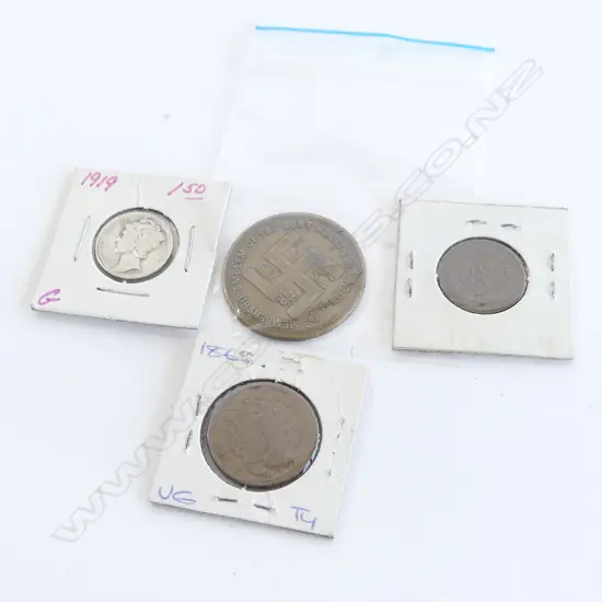 3 OLD USA COINS + DON'T WORRY CLUB TOKEN: 1906 1c + 1865 2c + 1919 1 DIME