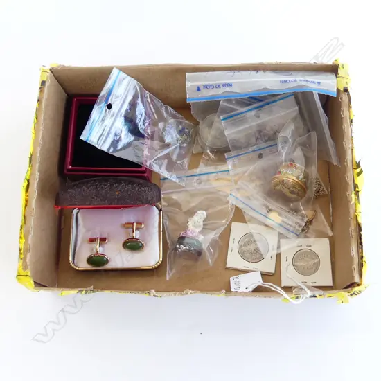 ASST COINS & JEWELLERY ETC. Frog seal + enamel pillbox + cufflinks...