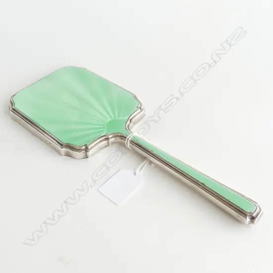 DECO STERLING SILVER AND GUILLOCHE GREEN ENAMEL HAND MIRROR MAPPIN & WEBB LONDON 1940 L. 270MM 