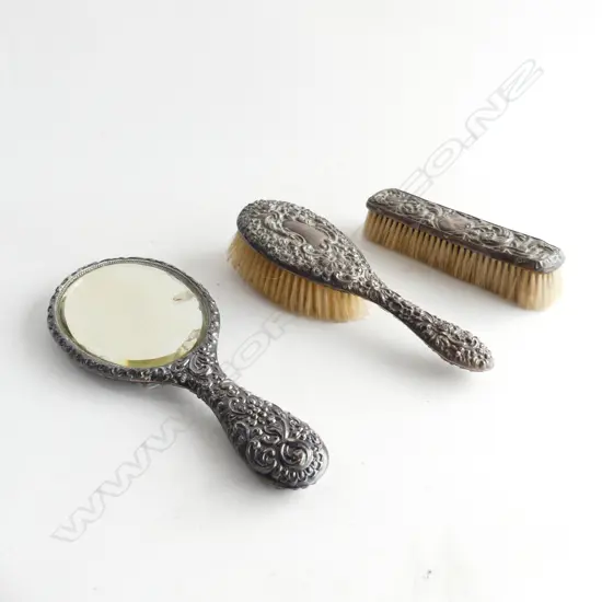 3 PC STG SILVER DRESSING TABLE SET; HAND MIRROR