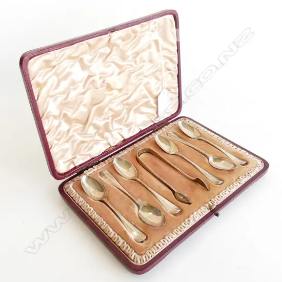 CASED SET STG SILVER COFFEE SPOONS & SUGAR TONGS, LONDON 1899  101GM
