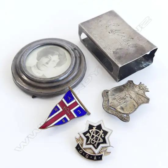 SILVER SMALL PHOTO FRAME + silver matchbox holder + 3 various badges + 3 