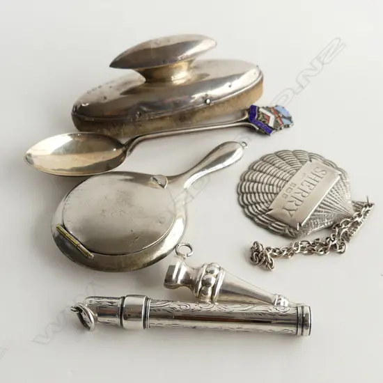 6 STG SILVER DOMESTIC ITEMS INCL SHERRY BOTTLE TAG, PILL BOX ETC..  81.2GMS