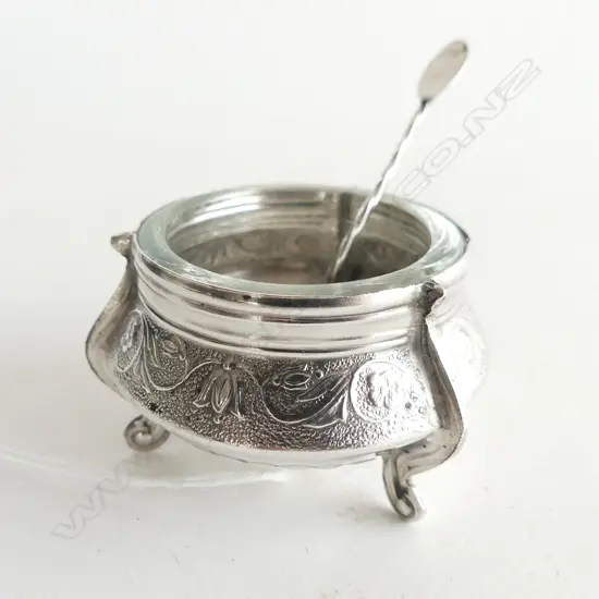 RUSSIAN SILVER AND GLASS SALT WITH SILVER SPOON