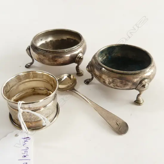 PR STG SILVER SALTS, LONDON 1760 + STG NAPKIN RING & SPOON 111 GRAMS