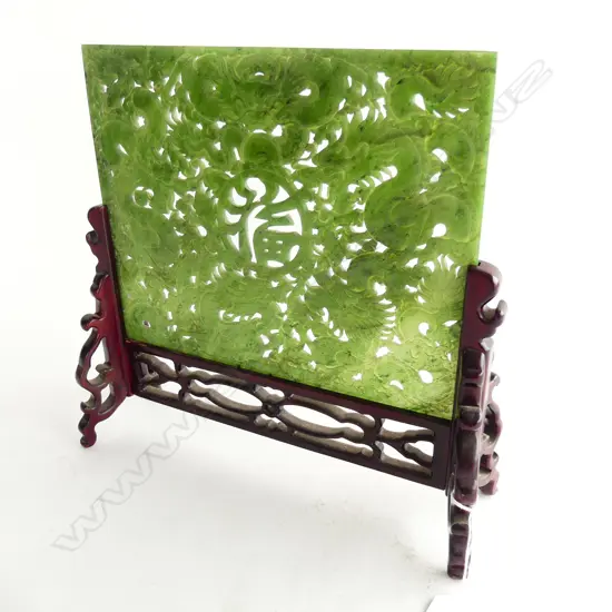 CARVED CHINESE JADE PANEL 200x255mm ON WOODEN STAND 300x280mm