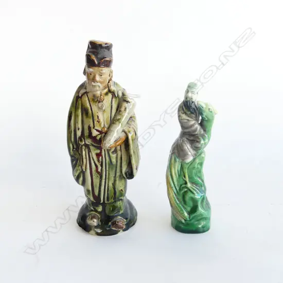 CHINESE MUDMAN FIGURE (H. 160MM) + 1 OTHER ORIENTAL MAN WITH BIRD(H. 125MM)
