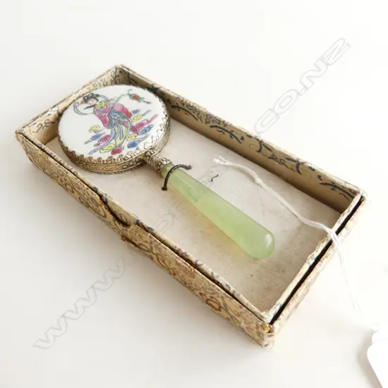 CHINESE PORCELAIN AND JADE HAND MIRROR L. 140MM  