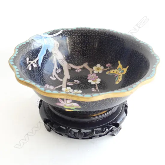 BLACK CLOISONNE BOWL 175mm dia ON STAND 