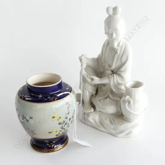 BLANC DE CHINE CHINESE FIGURE H240MM & SMALL SATSUMA VASE H130MM