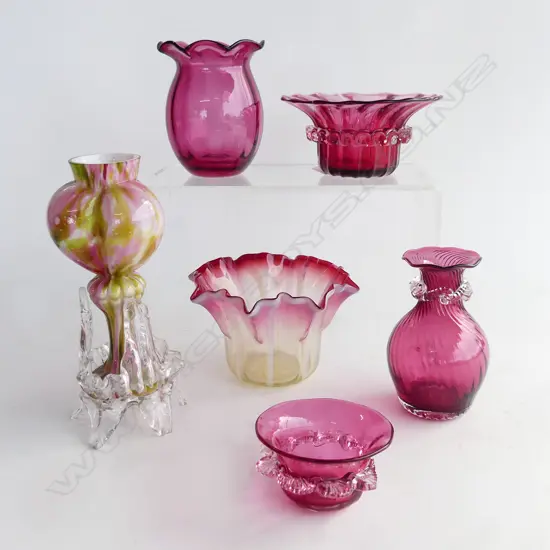 4 CRANBERRY GLASS VASES 125mm dia + 2 OTHER