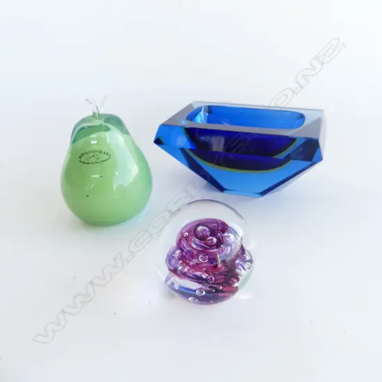 3 PCES ART GLASS; HOGLUND PEAR & PAPERWEIGHT + MURANO BOWL W.130mm