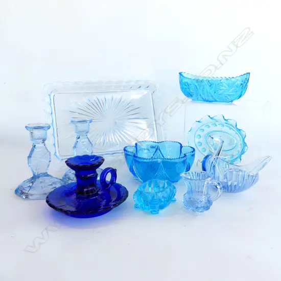 10 PCS BLUE GLASS, INCL DEPRESSION, SWAN DISH, ART DECO CANDLE HOLDERS, JUG, TRAY, COBALT CANDLE HOLDER , BOWLS