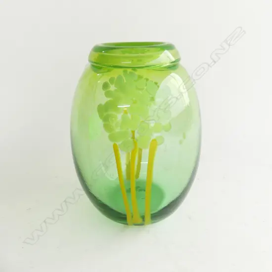 Tony Kuepfer ART  GLASS BLOWN GREEN VASE signed AWK 4-15. Floral yellow highlights H.180mm