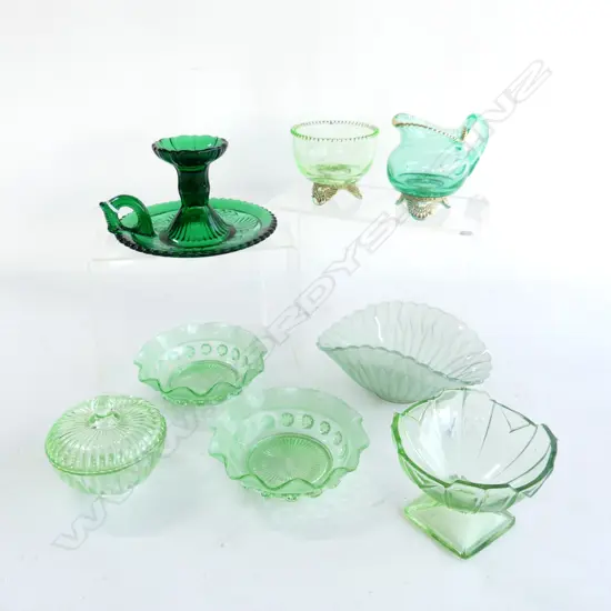 8 PCS GREEN GLASS INCL DEPRESSION GLASS; CANDLE HOLDER, JUG & BOWL, LIDDED BOX, PR SM BOWLS, CANDY DISH (165MM) ETC.