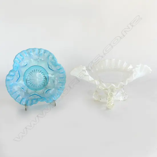 2 FRILLED RIMMED VASELINE GLASS DISHES; DIA 160