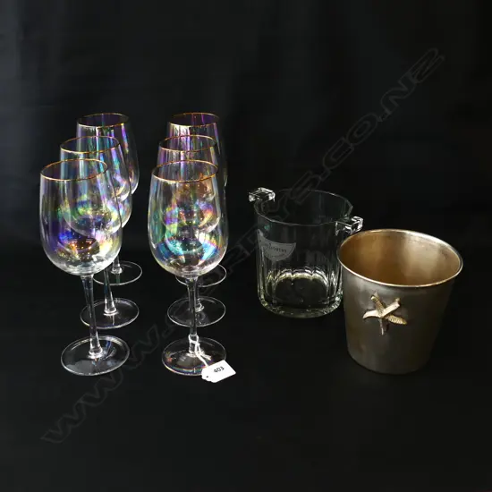 6 GOLD RIMMED WINE GLASSES H.225mm + 2 ICE BUCKETS; MOET & CHANDON