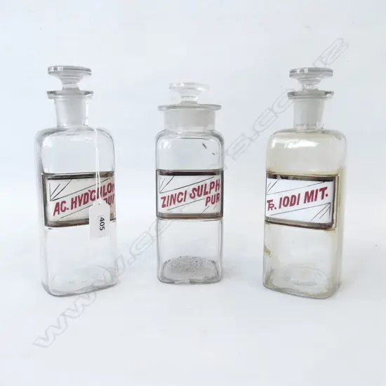 THREE ANTIQUE PHARMACEUTICAL BOTTLES ZINC SULPHUR ETC H. 210MM  