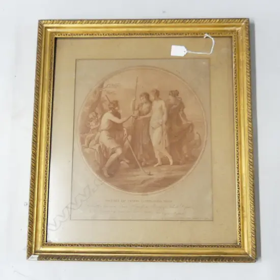 ANTIQUE FRENCH PRINT 'PORRIGIT HIC VENERI LUCIDA DONA PARIS' 470x410mm GILT FRAME