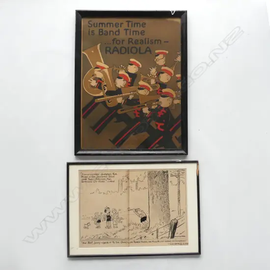 FRAMED ORIGINAL RADIOLA  ADVERTISING POSTER C1940'S (520 X 395MM) & 1969 GORDON MINHINNICK CARTOON PRINT (420 X 300MM)