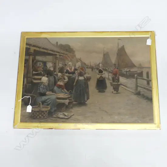 AFTER HENRI HOUBEN (1858-1931), THE FISH MARKET IN HOLLAND, HAND COLOURED LITHOGRAPH 470x685mm