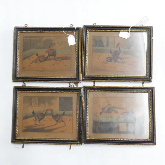 SET OF 4 ANTIQUE COCK FIGHTING PRINTS; FIGHT / THROAT / SET TOO / DEATH 155x200mm