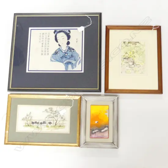 4 ARTWORKS: JAPANESE PRINT. MODERN ACRYLIC ON BOARD + ALLEN W/C TURKEYS + RHR WYNEE W/C MOUSE 