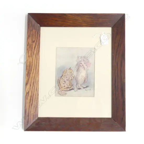 LOUIS WAIN OLD FRAMED PRINT 2 CATS170 X 135mm OAK FRAMED under glass