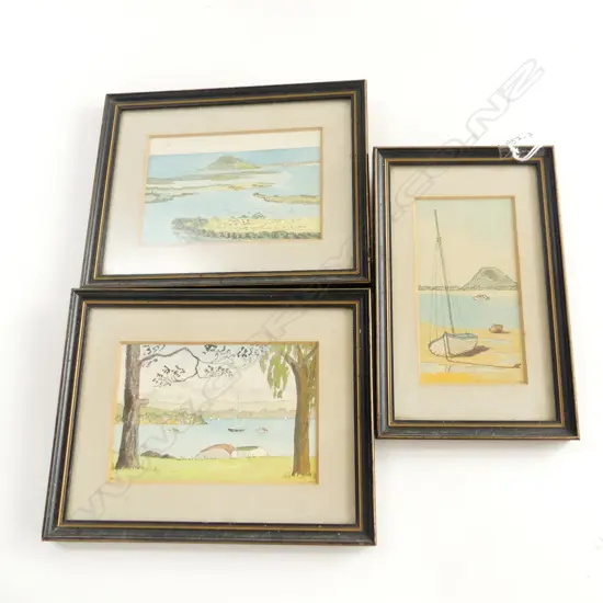 3 NZ MINIATURE FRAMED WATERCOLOURS LARGEST 125 X 80MM