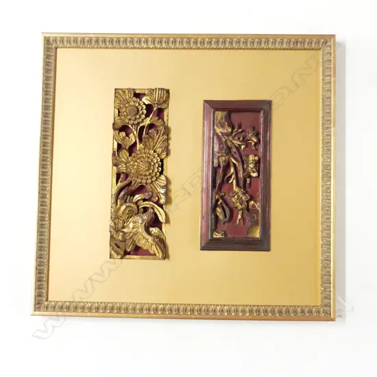 2 ANTIQUE CHINESE CARVED RED LACQUERED & GILDED small panels in frame 455 x 435mm