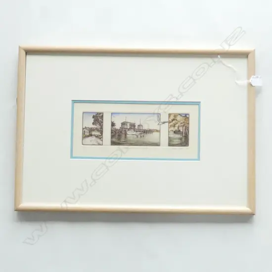 MARY E TAYLOR hand coloured etching 'Whitianga Mercury Bay New Zealand 62/90. 1989. Framed