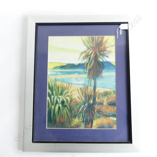 ROB MCGREGOR PRINT COASTAL LANDSCAPE W CABBAGE TREE 380 x 280mm