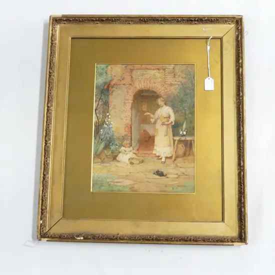 JOHN SCOTT RBA (UK 1850-1918) WOMAN WITH CHILD & KITTEN, W/COLOUR, 345 x 270mm, GILT FRAME
