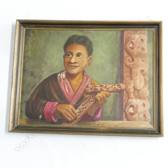 P. C. DENNIS? SIGNED OIL ON BOARD MAORI WOODCARVER 440x595mm