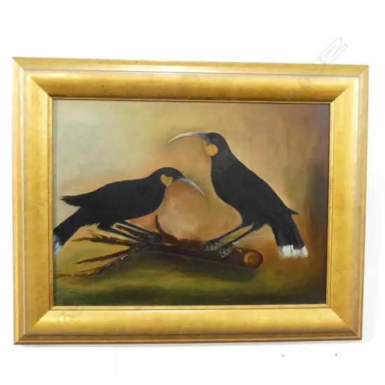 ARTIST UNKNOWN, 2 HUIA BIRDS, OIL ON BOARD, 365 x 495mm