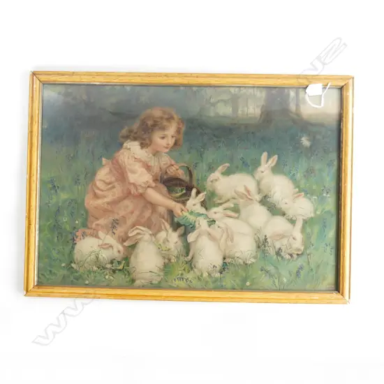 PEARS CHROMOLITHOGRAPH; GIRL FEEDING RABBITS 465x695mm