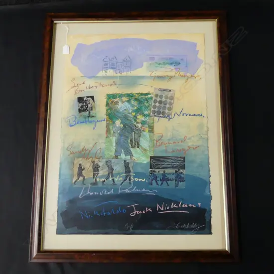 FRED HARLEY (1931-2013) 'GOLF' MIXED MEDIA w. VARIOUS SIGNATURES FROM RYDER CUP PLAYERS 750x540mm