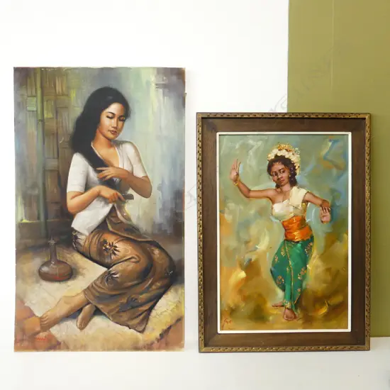 2 LG OIL ON BOARD ARTWORKS - ORIENTAL WOMAN BRUSHING HAIR 1090x655mm; DANCING 750x500mm