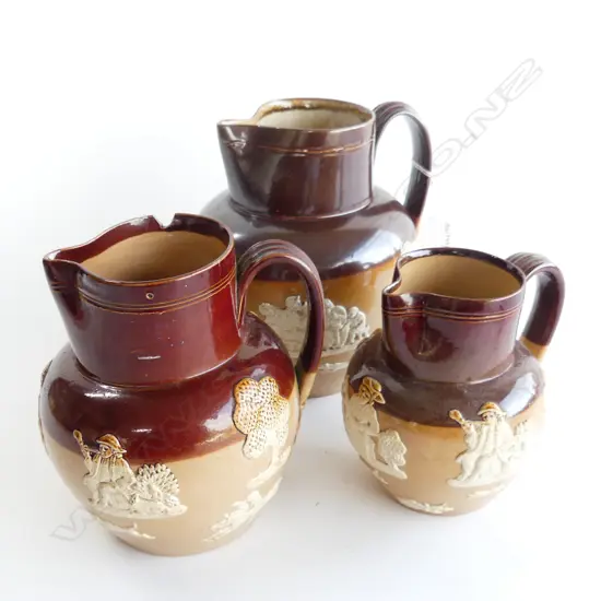 SET OF 3 GRADUATED LAMBETH DOULTON HUNTING JUGS LARGEST H200MM