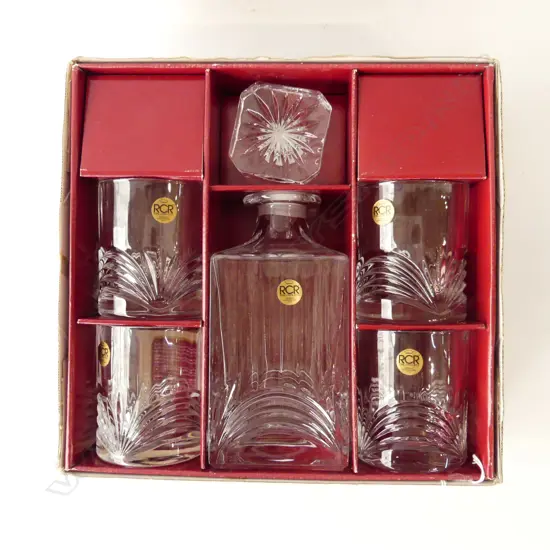 5 PC ROYAL CRYSTAL ROCK (RCR) DRINKS SET; DECANTER & 4 GLASSES - IN ORIGINAL BOX - ALL WITH ORIG. STICKERS