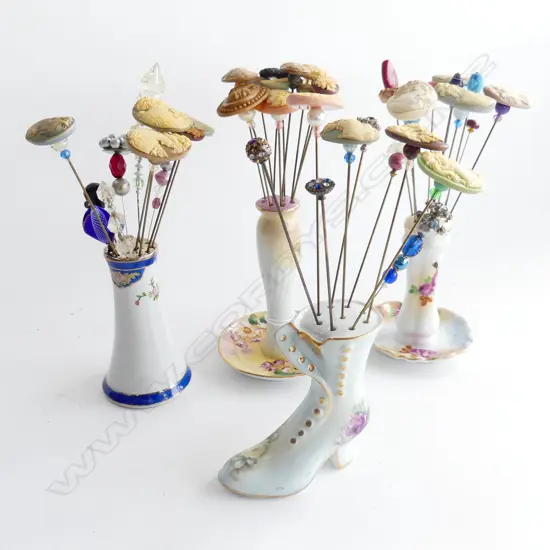20 ASST. HAT PINS; CAMEOS ETC IN 4 CERAMIC STANDS