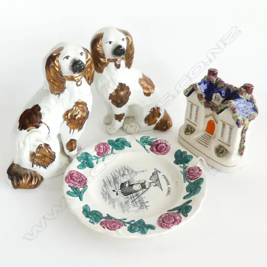 2 STAFFORDSHIRE DOGS ONE FAULTED AND COTTAGE AND FISHER GIRL PLATE H 190 MM