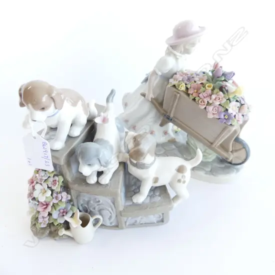 COSMOS CHINA FIG GIRL WITH BARROW H160MM & PUPPYS ON STEPS H150MM