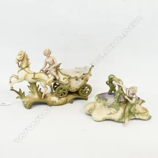 2 ANTIQUE (AUSTRIAN?) VASES - HORSE & CART L.250mm + OTHER - BOTH w. PROFESSIONAL REPAIRS