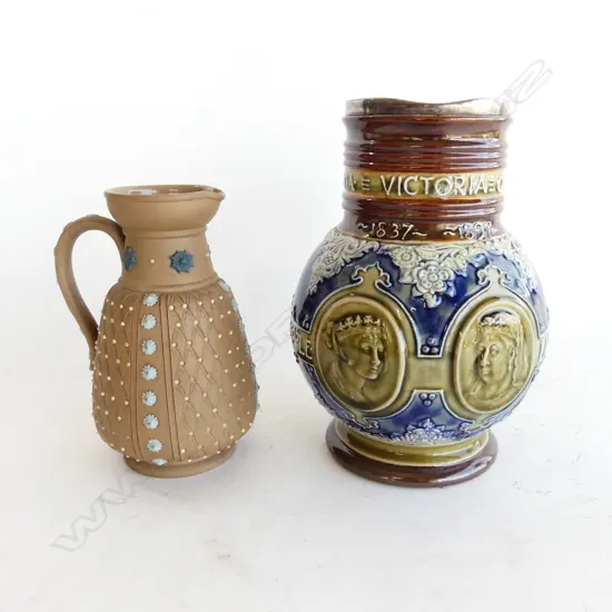 2 DOULTON LAMBETH JUGS; STG RIM QUEEN VICTORIA H.190mm & OTHER SILICON H.145mm