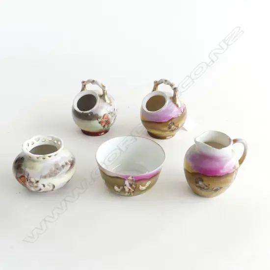 5 PCS ROYAL BAYREUTH CHINA; SM MILK JUG & BOWL (JUG CHIP TO RIM) VASE (H.55MM) & 2 SM POTS