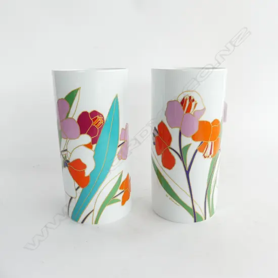 PR LG ROSENTHAL STUDIO LINE ENAMEL FLORAL PATTERN VASES H. 225MM