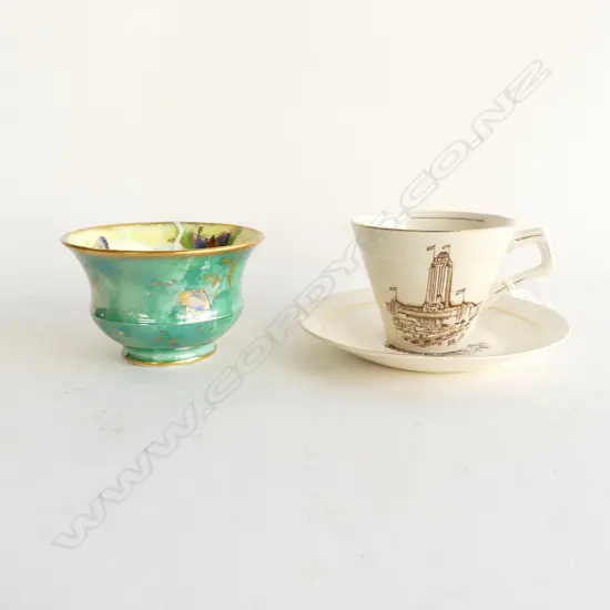 AYNSLEY BUTTERFLY PATTERN BOWL (DIA 105MM) + CUP & SAUCER - 1940 NZ CENTENNIAL EXHIBITION