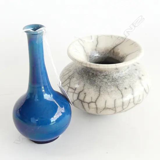 JAPANESE AWAJI BLUE VASE (H. 160MM) & RAKU VASE (H100MM)